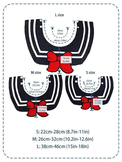 Pet bandana size chart for dogs and cats, black striped triangular neckerchief with red bow in S M L sizes