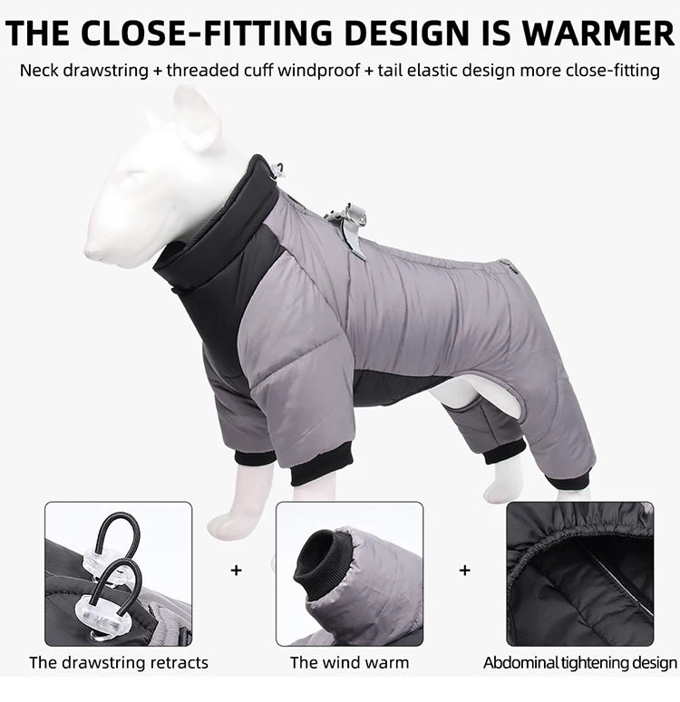Dog Clothes Four Feet Clothing Warm Winter Coat Reflective Rainproof Dog Clothes Windproof Overall for Dogs Pet Cotton Clothes on display.