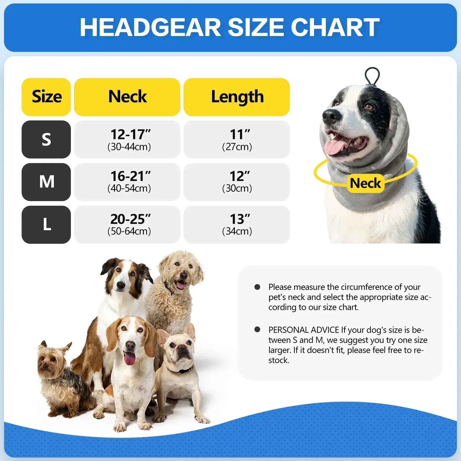dog cooling bandana size chart for neck and length measurements, with sizing guide for small, medium, and large dogs