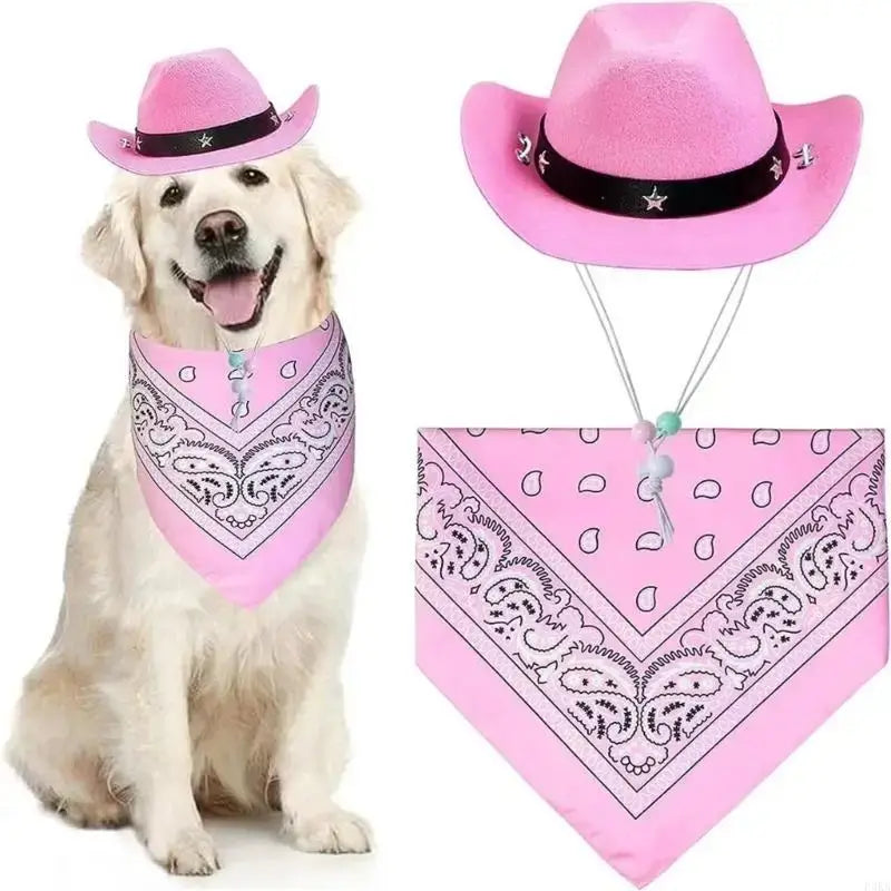 Pink dog cowboy costume set with hat and bandana for parties, festivals, and pet dress-up