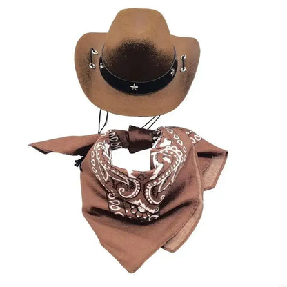 dog cowboy costume set dark brown cowboy hat and bandana pet western outfit, ships from China Mainland