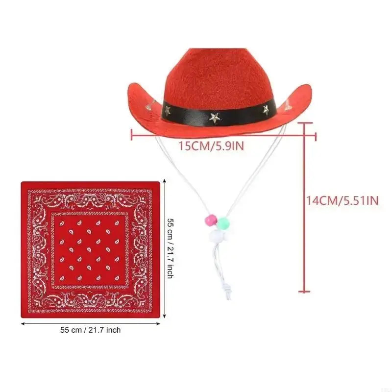 dog cowboy costume set with red cowboy hat and matching bandana for pets, western party and festival outfit