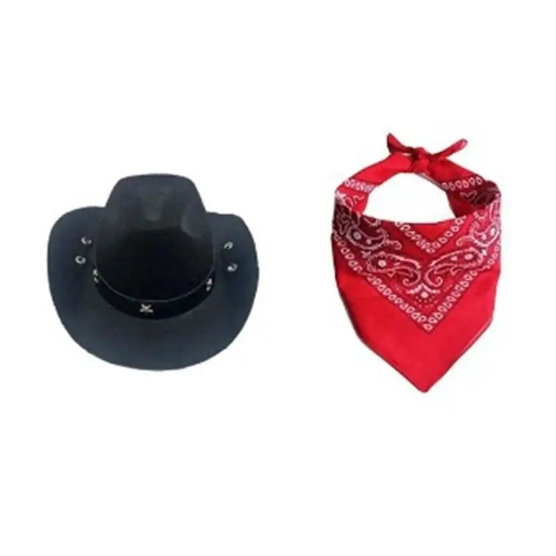 dog cowboy costume set with black hat and red bandana for pets