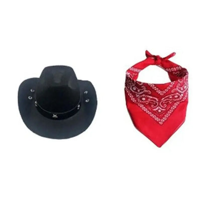dog cowboy costume set with black hat and red bandana for pets
