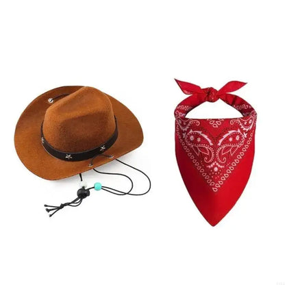 dog cowboy costume set brown hat and red bandana for pets, western party props, festival outfit, ships from China Mainland