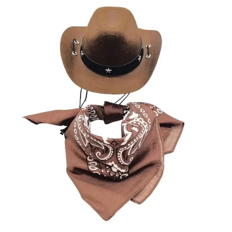 Dog cowboy costume set with brown hat and matching bandana for parties, festivals, and pet dress-up
