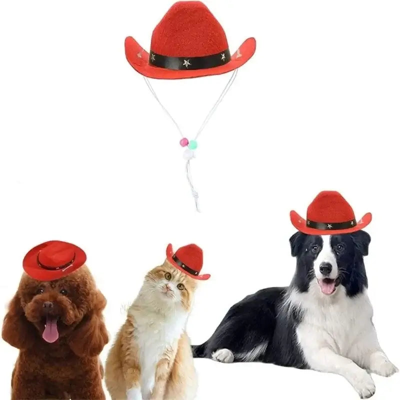 dog cowboy costume set with red cowboy hat and bandana for pets, western festival props for dogs and cats