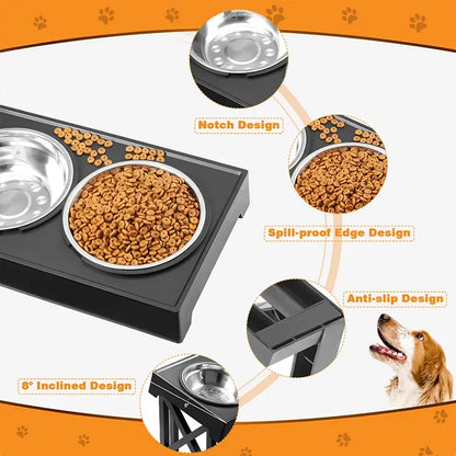 Dog Double Elevated Bowls Stand 3 Adjustable Height Pet Slow Feeding Dish Bowl Medium Big Dog Elevated Food Water Feeders Table with design features.