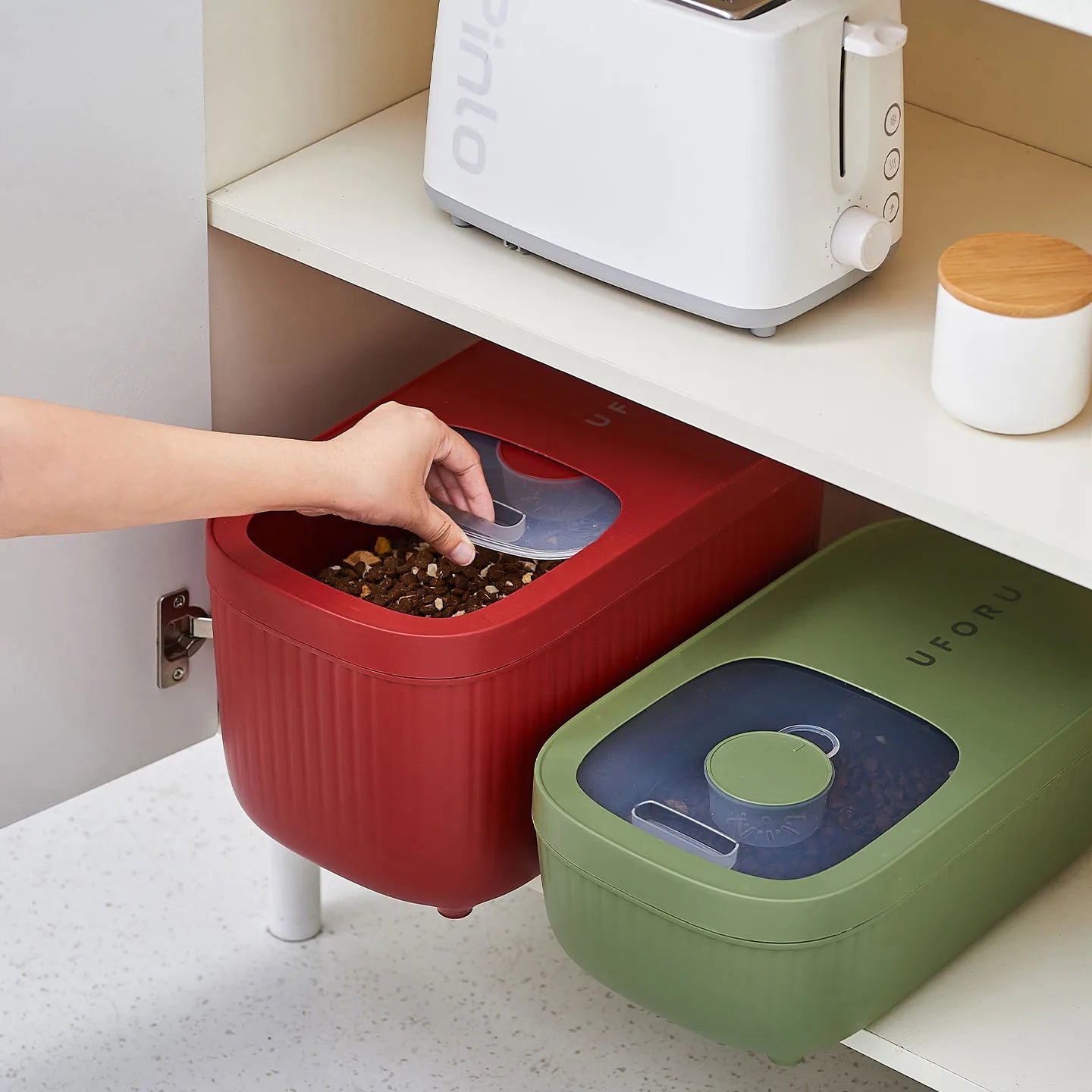 Dog Food Storage Container, Multi-purpose Organiser, Large-capacity Dog Treat Organiser, Convenient Push-Pull Design in a kitchen cabinet.