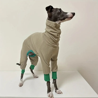 dog fleece jacket for greyhounds, warm four-legged beige fleece with green cuffs, suitable for smaller neck circumference