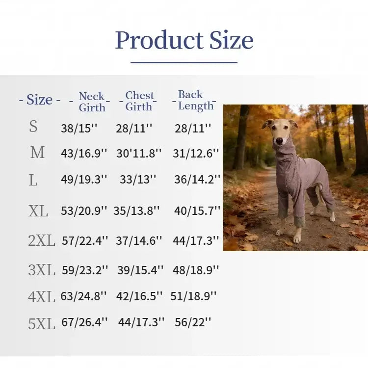 dog fleece jacket size chart for warm four-legged coat, showing neck, chest, and back measurements for small to 5XL dogs