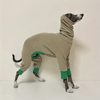dog fleece jacket for greyhounds, warm four-legged fleece coat with snug fit and green trim for smaller necks