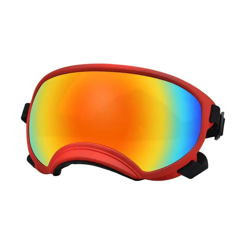 Red dog sunglasses with UV protection, mirrored rainbow lenses, adjustable strap, lightweight ski goggles for travel and outdoor use