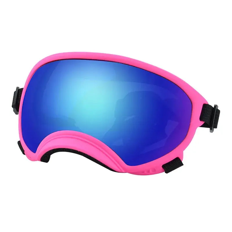 dog sunglasses with UV protection pink dog ski goggles with blue mirrored lens and adjustable strap for travel