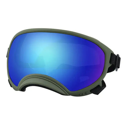 dog sunglasses with UV protection, blue mirrored lens dog ski goggles, olive green adjustable strap pet sunglasses