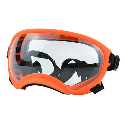 dog sunglasses with UV protection, orange dog ski goggles with adjustable strap and clear lens for travel
