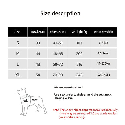 Size chart for Dog Harness, No Pull Harness, Reflective No-Choke Pet PU Vest including neck and weight measurements.