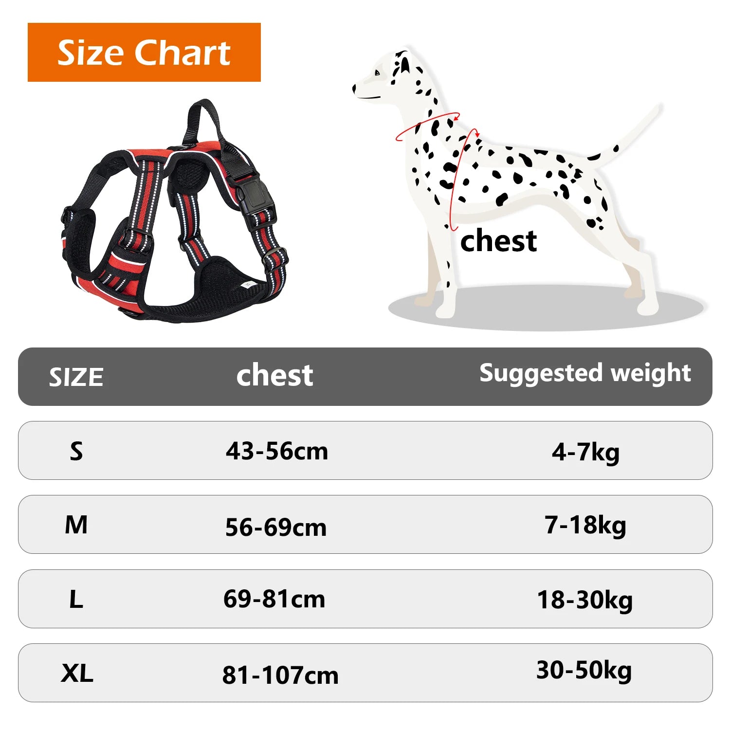 Size chart for Dog Harness with Handle for Large &amp; Medium Dogs, Breathable Padding Safety Pet Vest Outdoor walking.