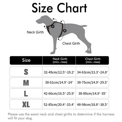 Size chart for Dog Harness No-Pull Service Vest with Reflective Adjustable Soft Padded Comfortable for Outdoor Easy Walking No Choke for Pets.