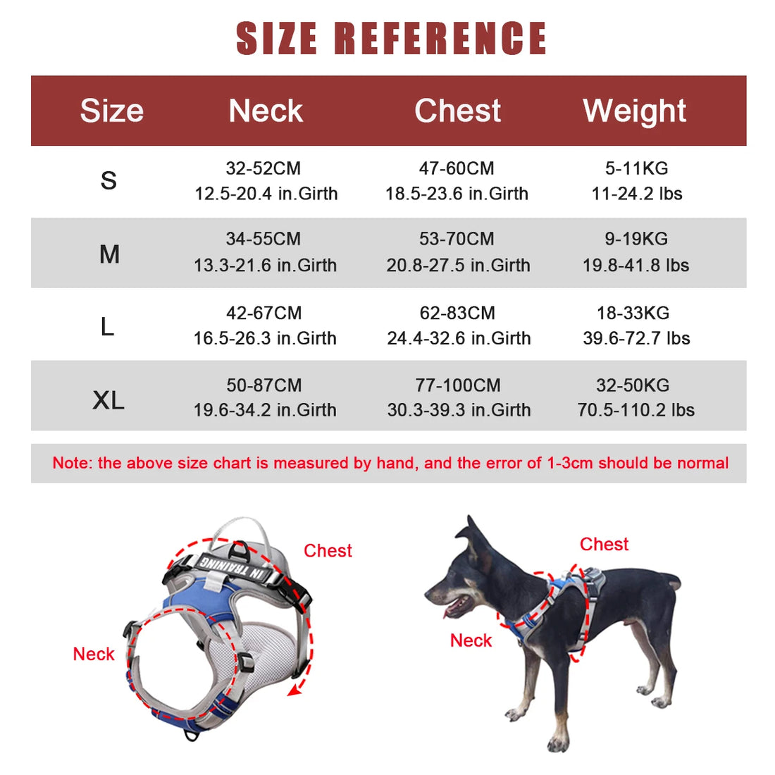 Size reference chart for Dog Harness No Pull Outdoor Travel Dog Safety Vest Training Walking Adjustable Reflective Pet Harness for Medium Large Dogs.