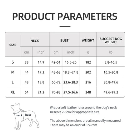 Product parameters chart for Dog Harness, No Pull Harness, Reflective No-Choke Pet PU Vest with size and weight recommendations.