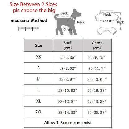 dog winter hoodie size chart for XS-2XL with back and chest measurements, measurement guide for small dogs