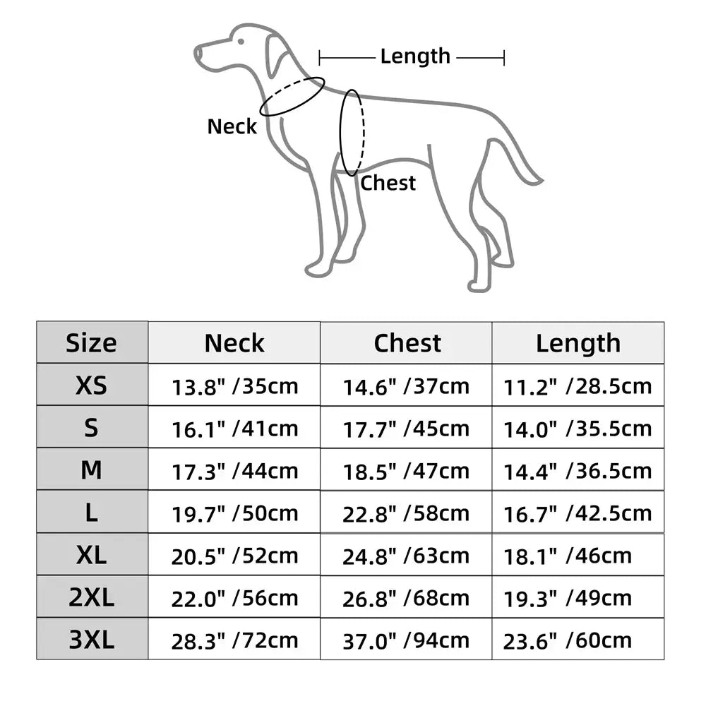 waterproof dog jacket for large dogs size chart with neck chest and length measurements for XS to 3XL