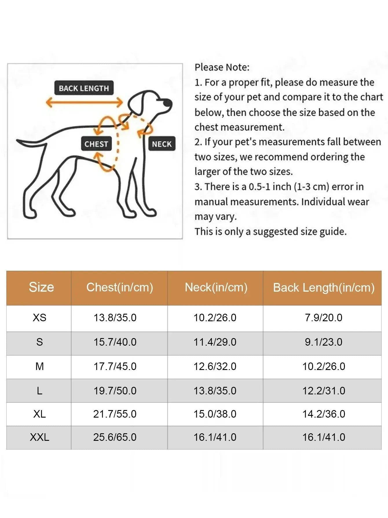 warm dog winter vest size chart for small dogs and cats with chest, neck, and back length measurements