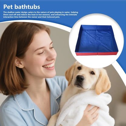 Dog kiddie folding pool with a smiling owner and a puppy in a cozy setting, designed for pet bathing and cooling.