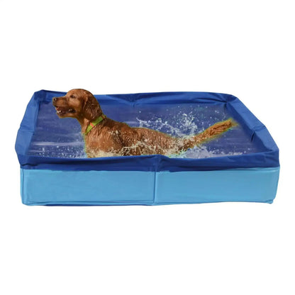 Dog Kiddie Pool PVC folding swimming pool for dog with a golden retriever splashing in water.