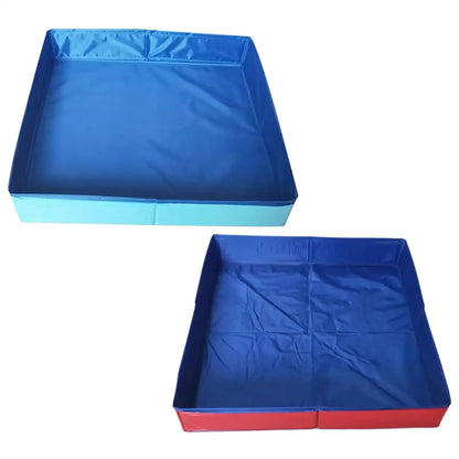 Dog kiddie folding pool in blue and red, PVC folding swimming pool for pets, non-inflatable design for easy storage.