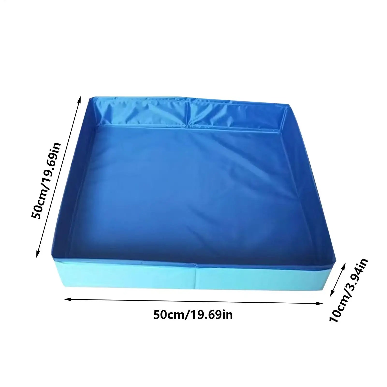 Dog kiddie folding pool in blue color, foldable design for easy storage and transport, dimensions 50cm x 50cm x 10cm.