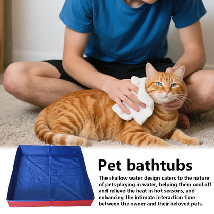 dog kiddie folding pool with cat and owner, showcasing the pet bathing experience in a shallow water tub.