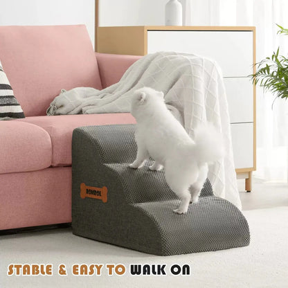 Dog safety ramp for elderly pets, allowing small dogs to easily access sofa with soft foam, cozy and stable design.