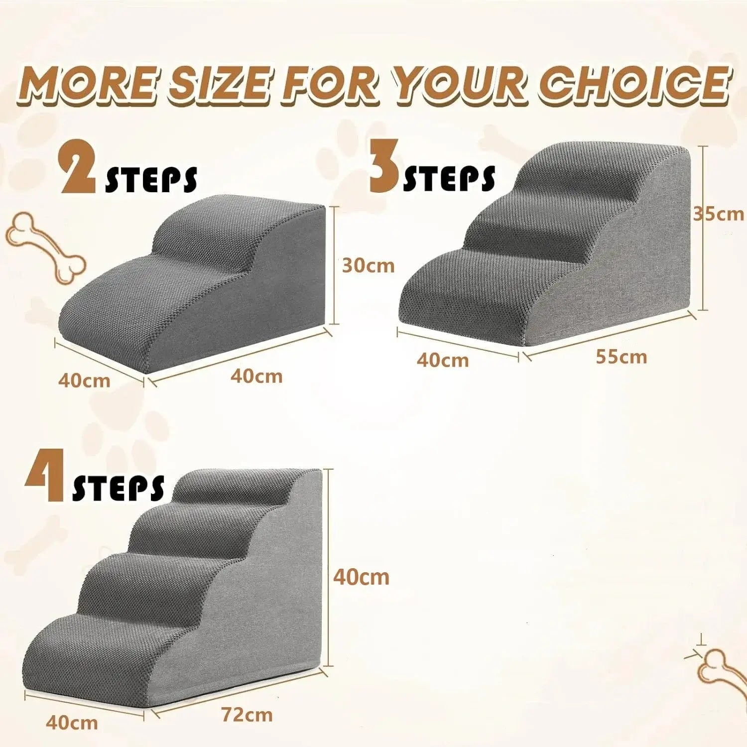 Various sizes of dog safety ramp for elderly pets: 2 steps, 3 steps, 4 steps, designed for comfortable access.