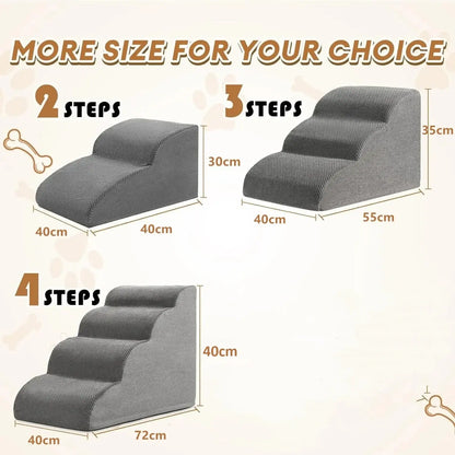 Various sizes of dog safety ramp for elderly pets: 2 steps, 3 steps, 4 steps, designed for comfortable access.