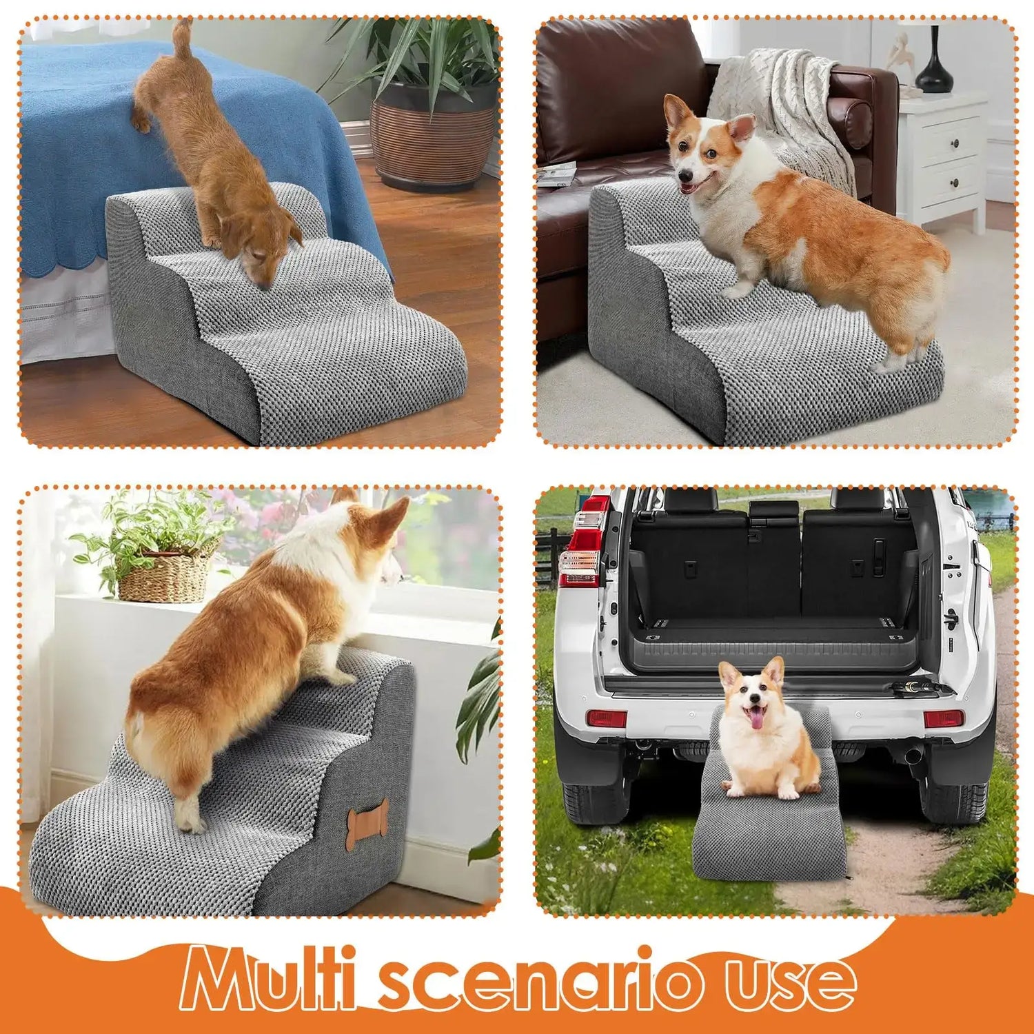 dog safety ramp for elderly pets in various scenarios, providing easy access for dogs to sofas and cars.