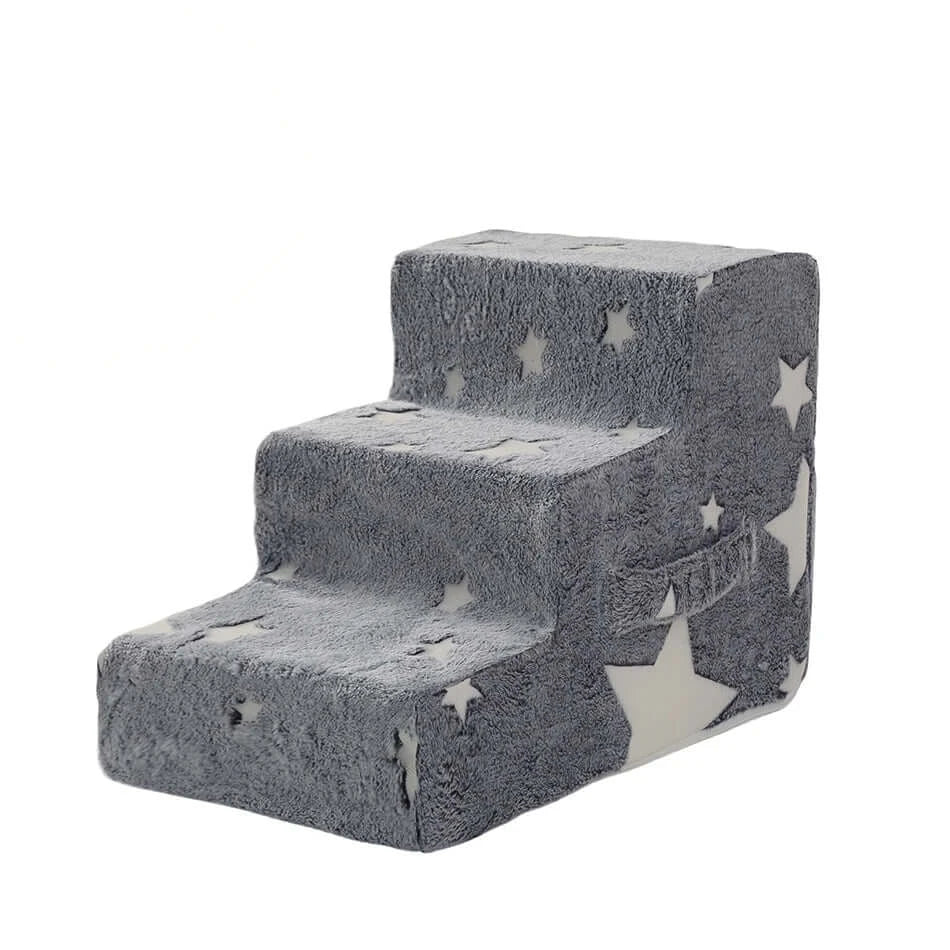 Dog ramp stairs for pets, soft gray pet ladder with star design for small dogs and cats.