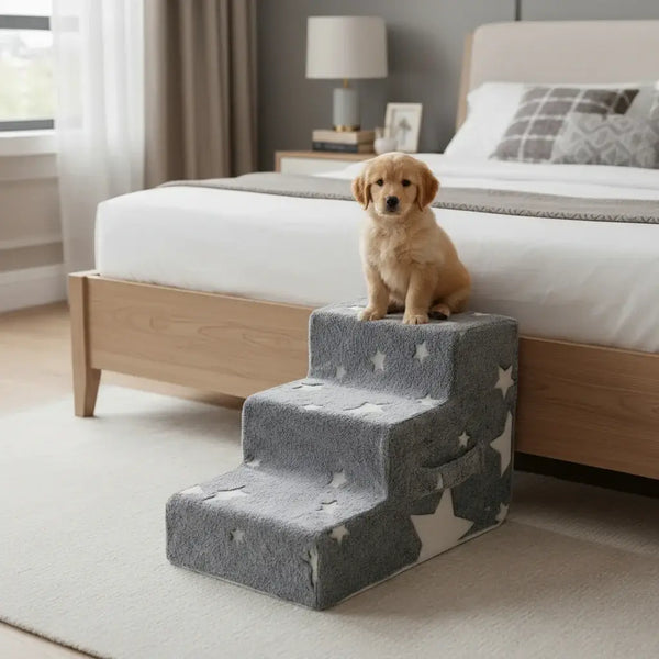 Dog ramp stairs for pets featuring soft fabric and star pattern, ideal for small dogs like puppies to access higher areas.