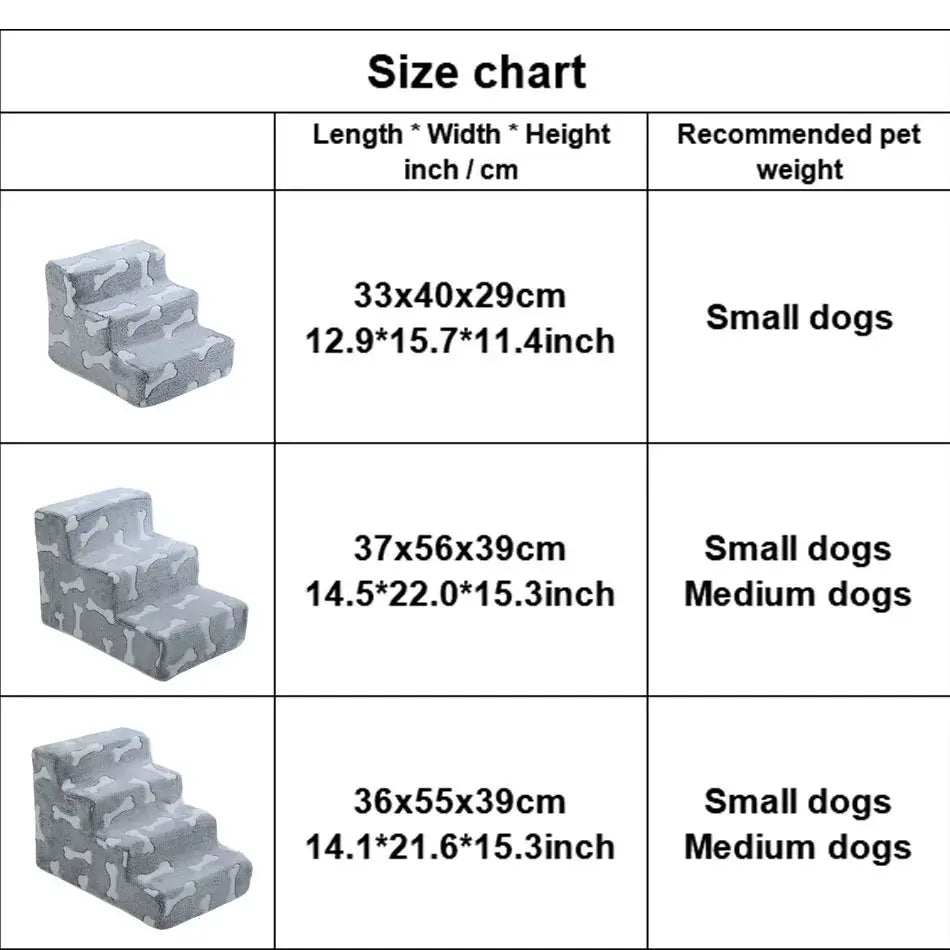 Size chart for dog ramp stairs for pets showing dimensions and weight recommendations for small and medium dogs.