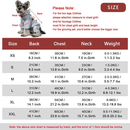 waterproof dog raincoat size chart for small medium dogs with chest back neck and weight measurements