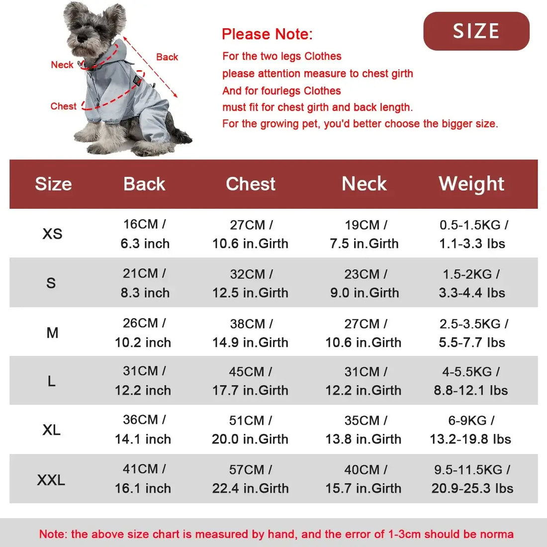 Waterproof dog raincoat size chart for small to large dogs, with back, chest, neck, and weight measurements