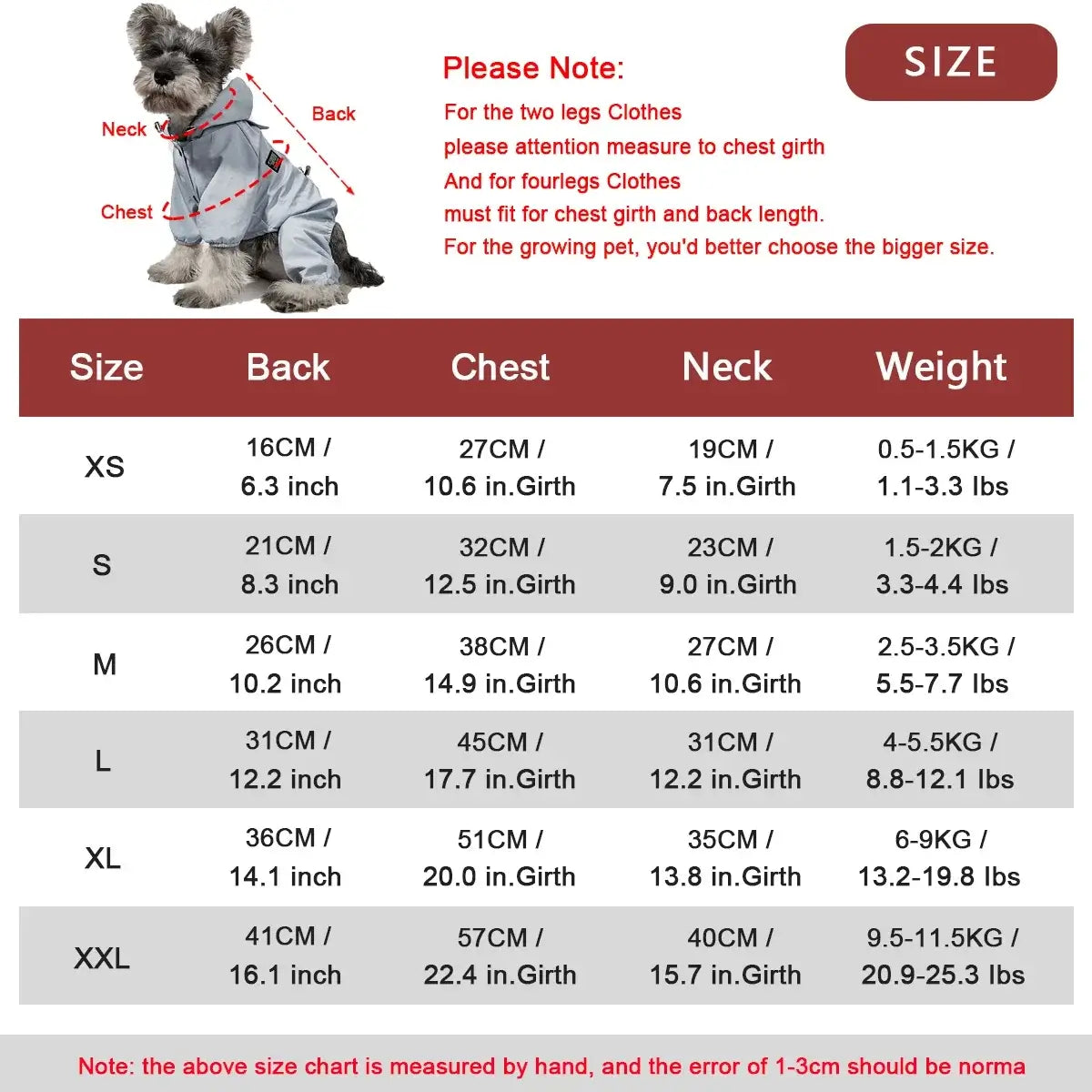 Waterproof dog raincoat size chart for small to large dogs, with back, chest, neck, and weight measurements