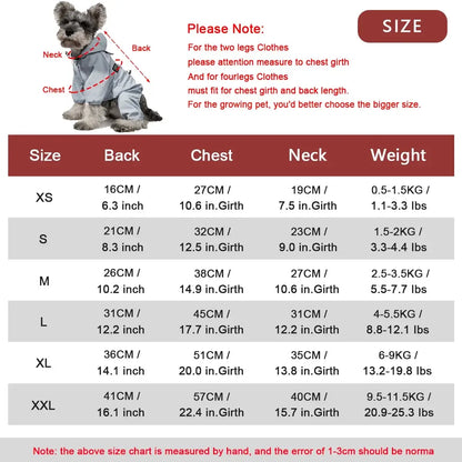 Waterproof dog raincoat size chart for small to large dogs, with back, chest, neck, and weight measurements