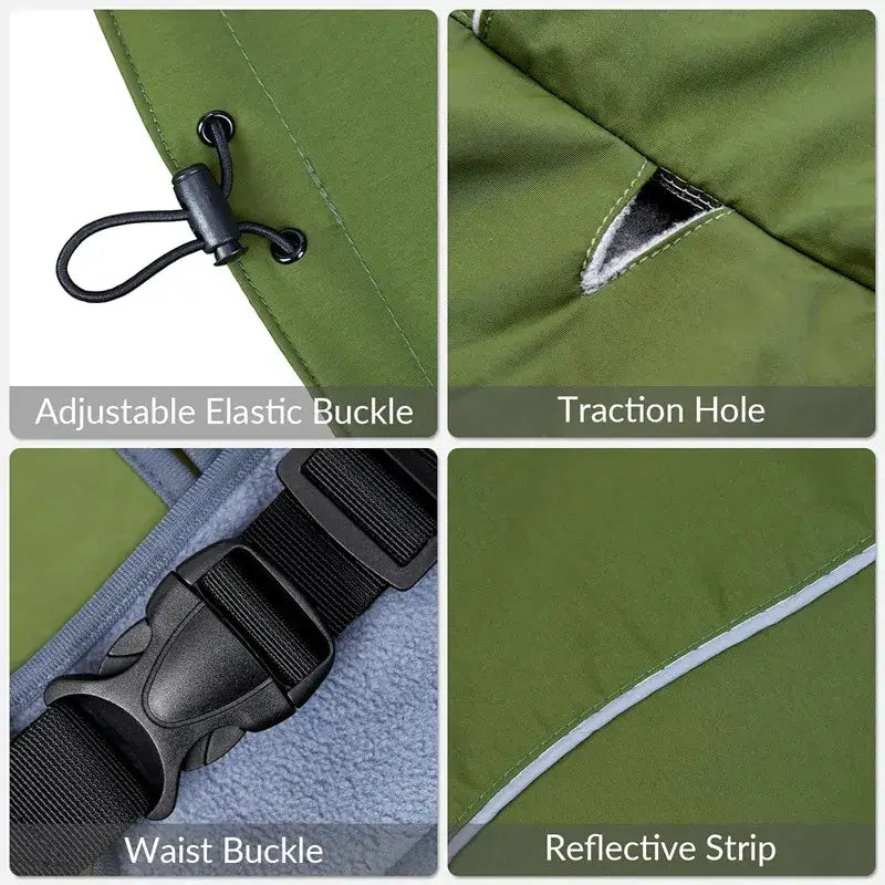 waterproof dog raincoat with adjustable elastic buckle, traction hole, waist buckle, and reflective strip for safe outdoor walks