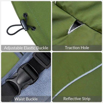 waterproof dog raincoat with adjustable elastic buckle, traction hole, waist buckle, and reflective strip for safe outdoor walks