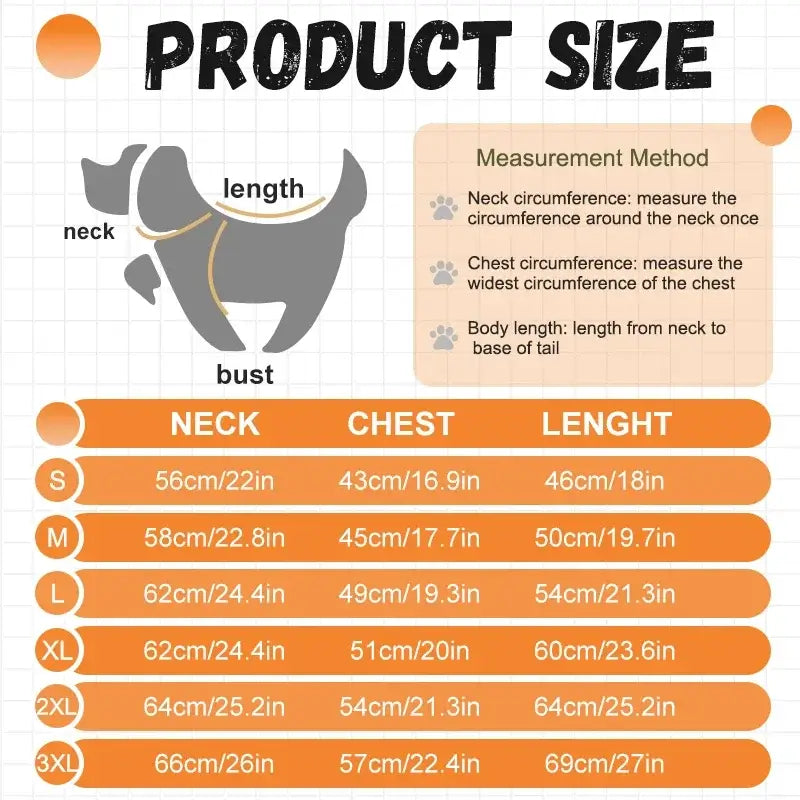 Product size chart for waterproof dog raincoat with neck, chest, and length measurements for all dog sizes