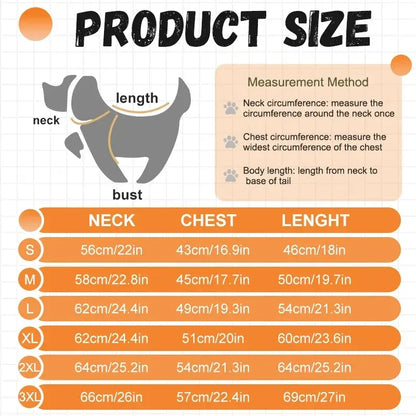 Product size chart for waterproof dog raincoat with neck, chest, and length measurements for all dog sizes