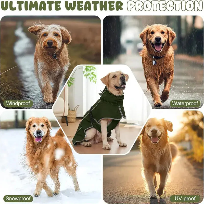 waterproof dog raincoat for all dog sizes, reflective adjustable strap jacket for windproof, snowproof, UV protection