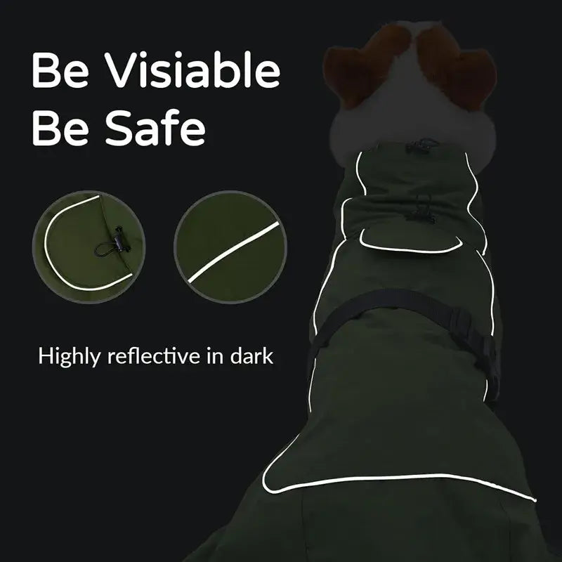waterproof dog raincoat with reflective strip for nighttime visibility, adjustable straps, and secure fit